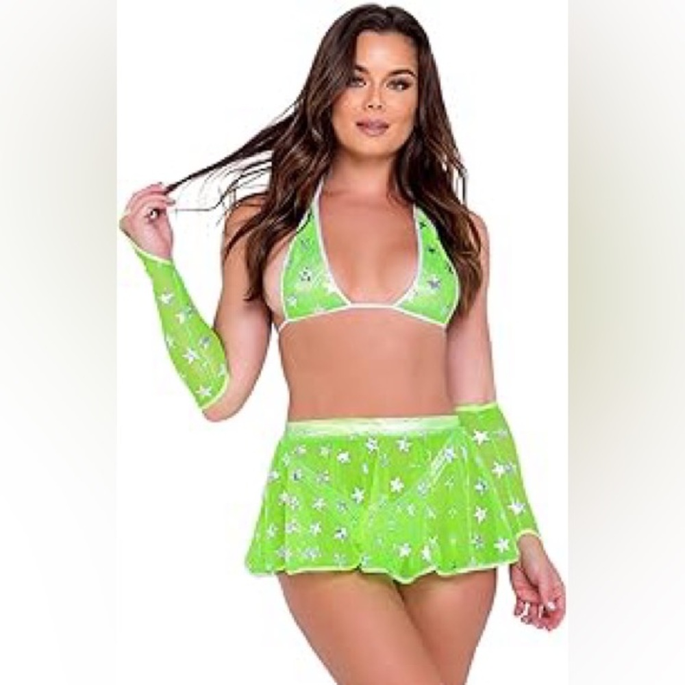 Roma Green Embellished Skater Mini Skirt